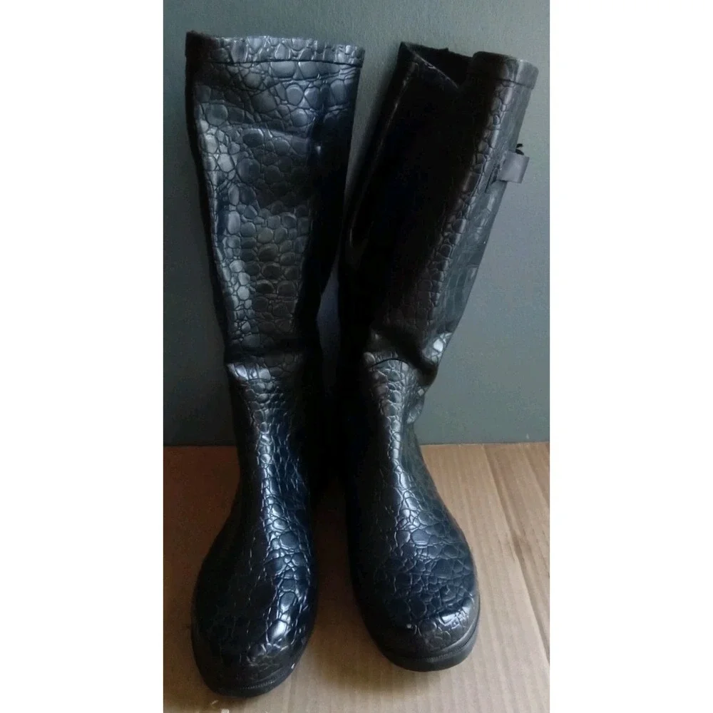 Black Croc‎ Embossed Rain Boots with Apple Charm Gold Buckle Accent